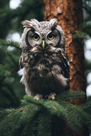 Owl sitting on a branch of a  tree in the forestの素材