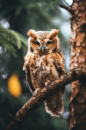 Owl sitting on a branch of a  tree in the forestの素材