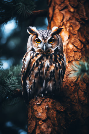 Owl sitting on a branch of a  tree in the forestの素材