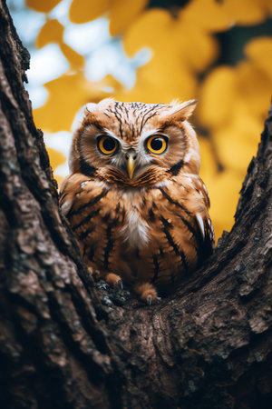 Owl sitting on a branch of a  tree in the forestの素材