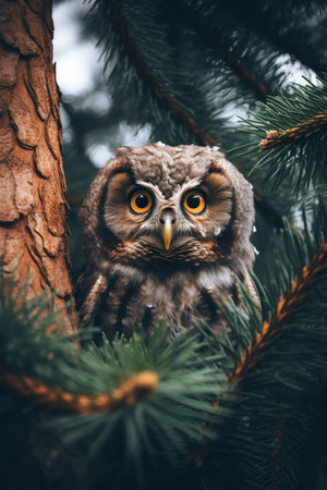 Owl sitting on a branch of a  tree in the forestの素材
