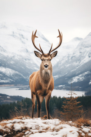 Beautiful deer stag standing in snowy winter forestの素材