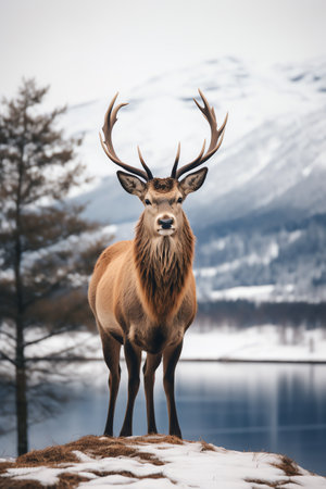 Beautiful deer stag standing in snowy winter forestの素材