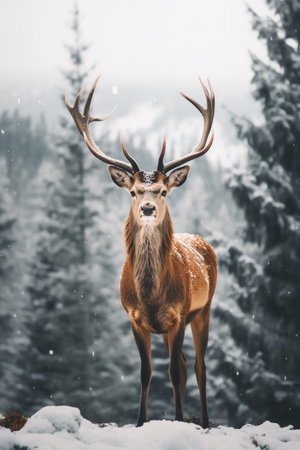 Beautiful deer stag standing in snowy winter forestの素材