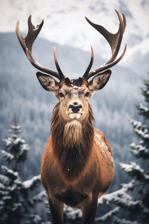 Beautiful deer stag standing in snowy winter forestの素材