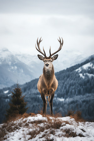 Beautiful deer stag standing in snowy winter forestの素材