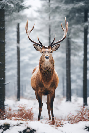 Beautiful deer stag standing in snowy winter forestの素材