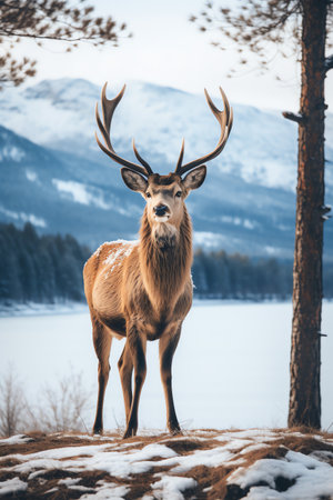 Beautiful deer stag standing in snowy winter forestの素材