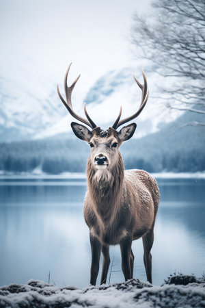 Beautiful deer stag standing in snowy winter forestの素材