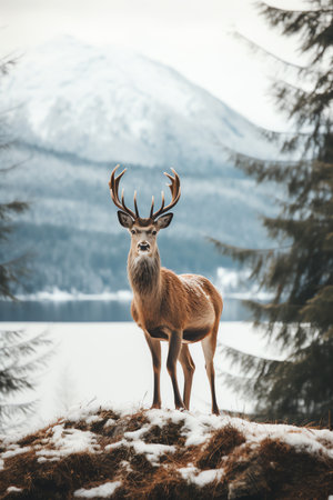 Beautiful deer stag standing in snowy winter forestの素材