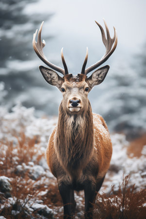 Beautiful deer stag standing in snowy winter forestの素材