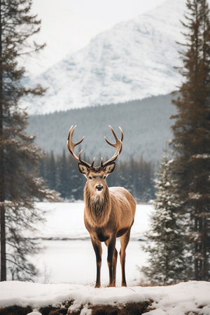 Beautiful deer stag standing in snowy winter forestの素材