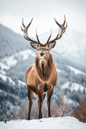 Beautiful deer stag standing in snowy winter forestの素材