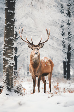 Beautiful deer stag standing in snowy winter forestの素材