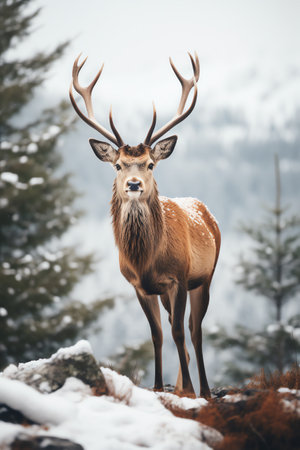 Beautiful deer stag standing in snowy winter forestの素材