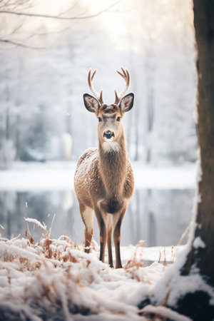 Beautiful deer stag standing in snowy winter forestの素材