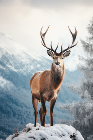 Beautiful deer stag standing in snowy winter forestの素材