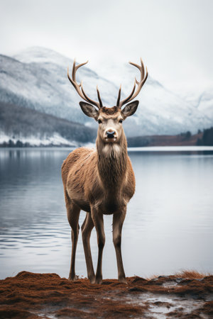 Beautiful deer stag standing in snowy winter forestの素材
