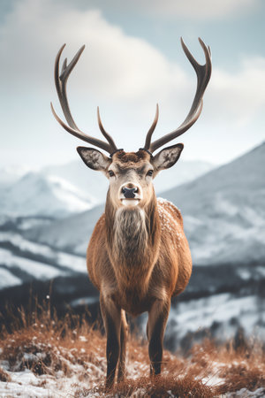 Beautiful deer stag standing in snowy winter forestの素材