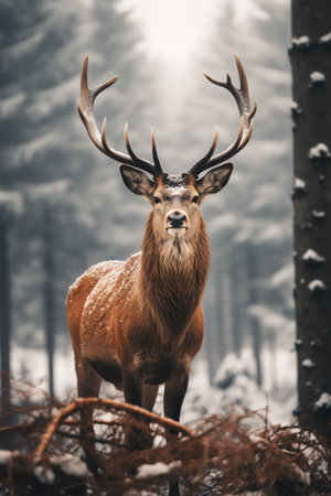 Beautiful deer stag standing in snowy winter forestの素材