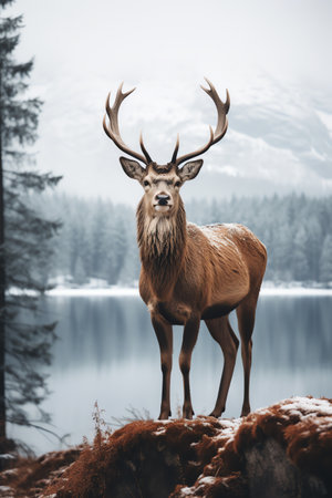Beautiful deer stag standing in snowy winter forestの素材