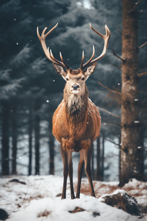 Beautiful deer stag standing in snowy winter forestの素材