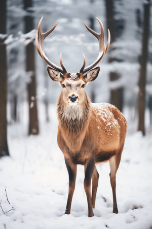 Beautiful deer stag standing in snowy winter forestの素材