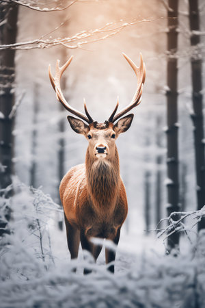 Beautiful deer stag standing in snowy winter forestの素材