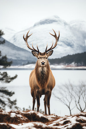 Beautiful deer stag standing in snowy winter forestの素材
