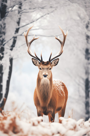 Beautiful deer stag standing in snowy winter forestの素材