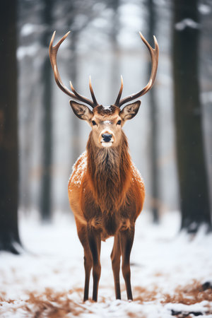 Beautiful deer stag standing in snowy winter forestの素材