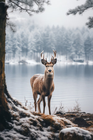 Beautiful deer stag standing in snowy winter forestの素材