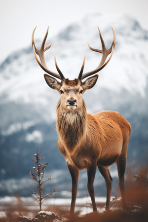 Beautiful deer stag standing in snowy winter forestの素材