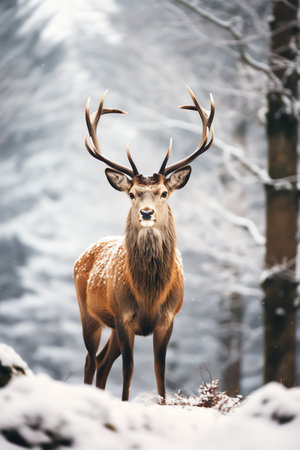 Beautiful deer stag standing in snowy winter forestの素材