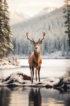 Beautiful deer stag standing in snowy winter forestの素材