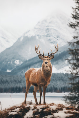 Beautiful deer stag standing in snowy winter forestの素材