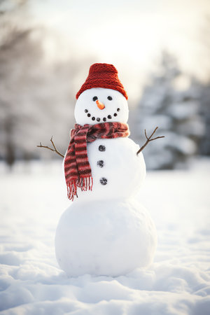 Snowman with scarf and hat in winter forest. Christmas background.の素材