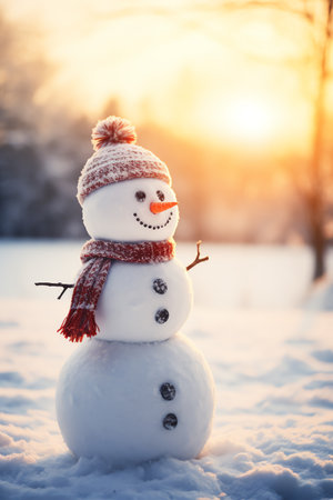 Snowman with scarf and hat in winter forest. Christmas background.の素材