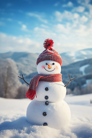 Snowman with scarf and hat in winter forest. Christmas background.の素材