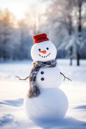 Snowman with scarf and hat in winter forest. Christmas background.の素材