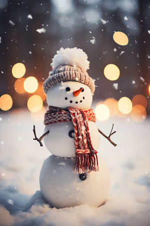 Snowman with scarf and hat in winter forest. Christmas background.の素材