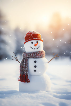 Snowman with scarf and hat in winter forest. Christmas background.の素材