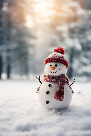 Snowman with scarf and hat in winter forest. Christmas background.の素材