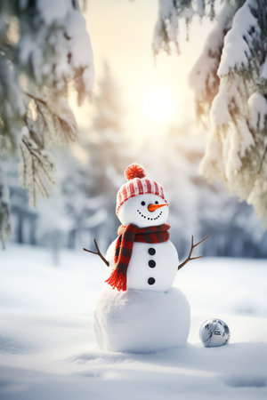 Snowman with scarf and hat in winter forest. Christmas background.の素材