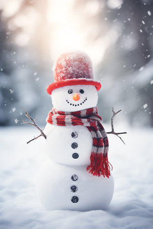 Snowman with scarf and hat in winter forest. Christmas background.の素材