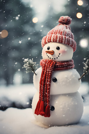 Snowman with scarf and hat in winter forest. Christmas background.の素材