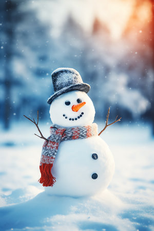 Snowman with scarf and hat in winter forest. Christmas background.の素材