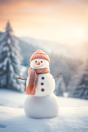 Snowman with scarf and hat in winter forest. Christmas background.の素材
