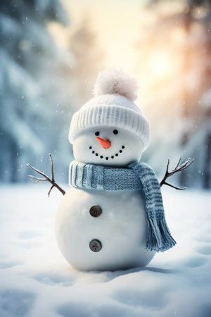 Snowman with scarf and hat in winter forest. Christmas background.の素材
