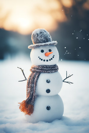 Snowman with scarf and hat in winter forest. Christmas background.の素材